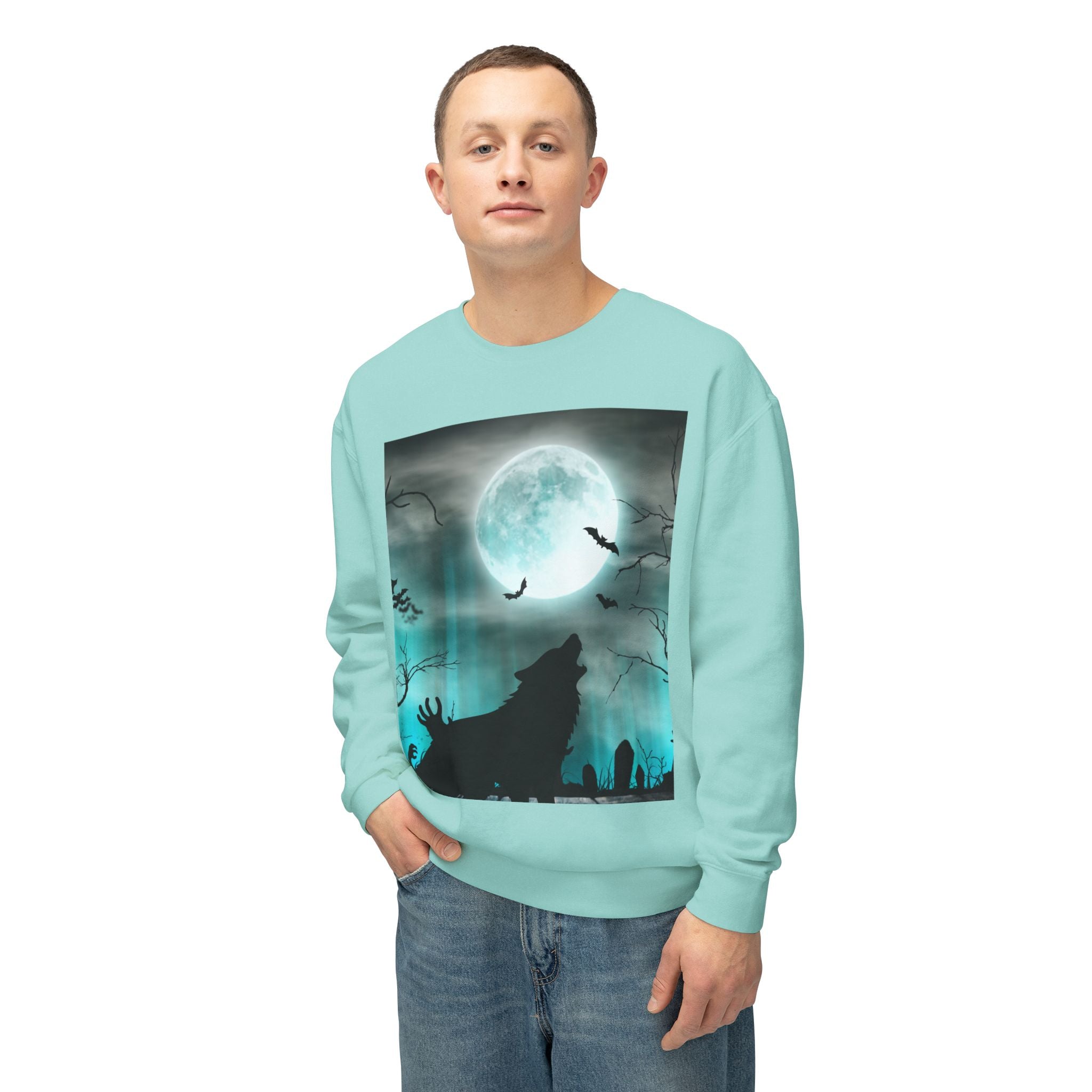 Howling Wolf Moonlight Crewneck Sweatshirt, Unisex Cozy Top, Halloween Apparel, Night Sky Fashion, Gift for Animal Lovers
