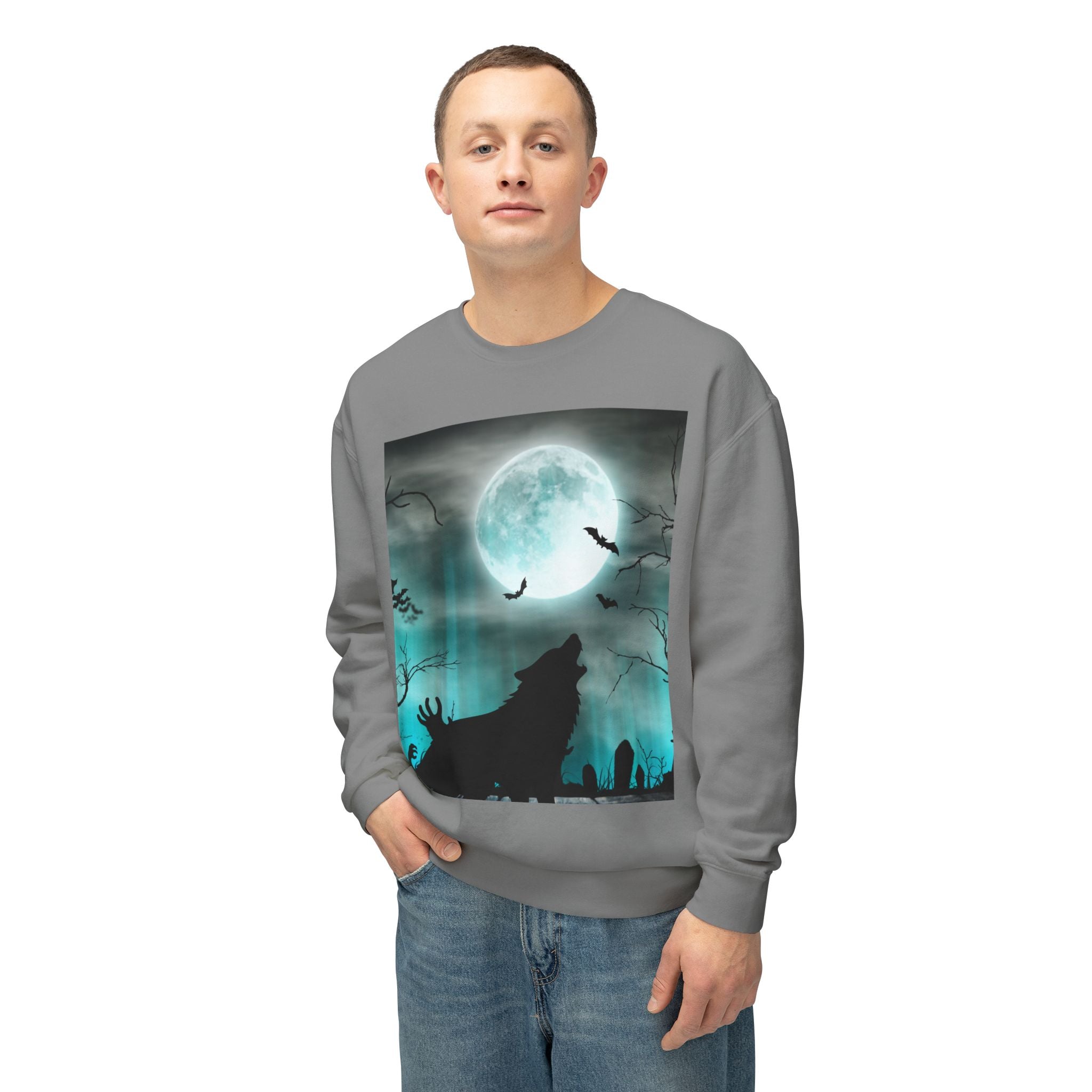 Howling Wolf Moonlight Crewneck Sweatshirt, Unisex Cozy Top, Halloween Apparel, Night Sky Fashion, Gift for Animal Lovers