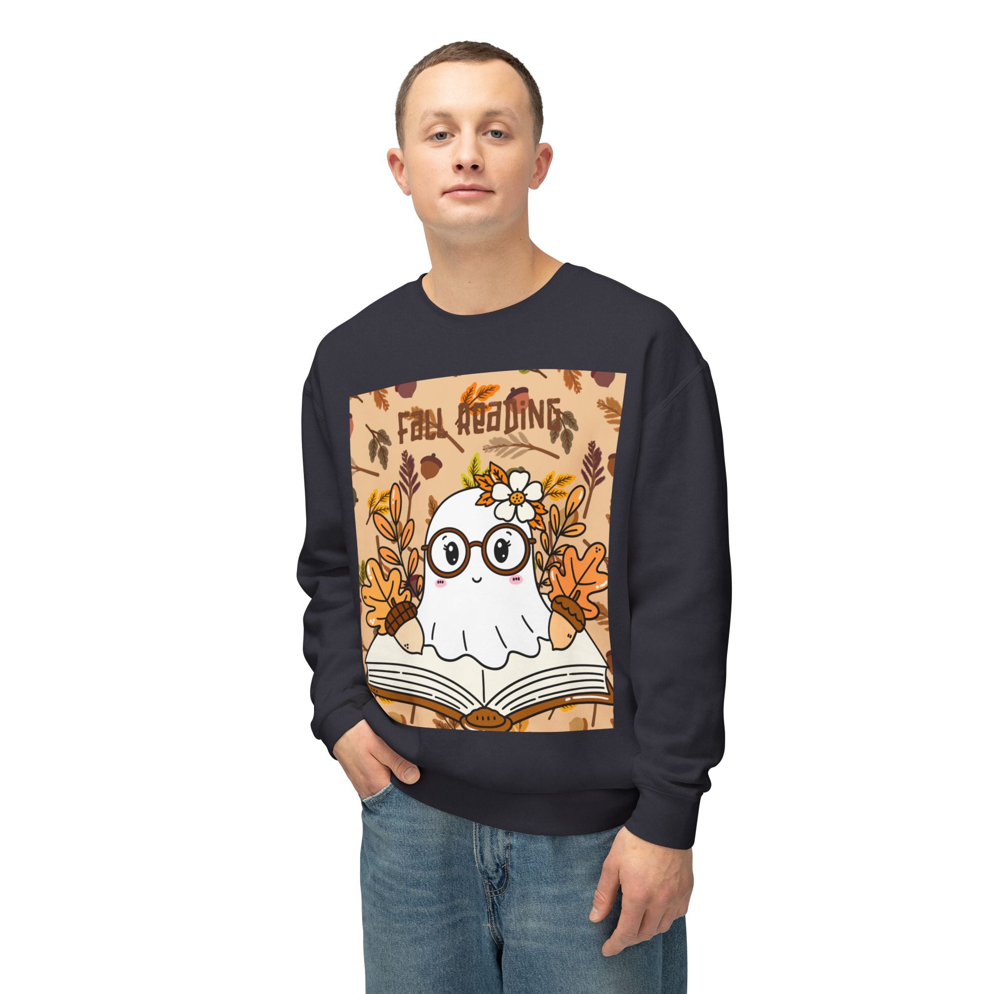 Cozy Fall Ghost Sweatshirt, Cute Halloween Apparel, Unisex Lightweight Crewneck, Autumn Fashion, Book Lovers Gift, Ghost Reading Sweatshirt