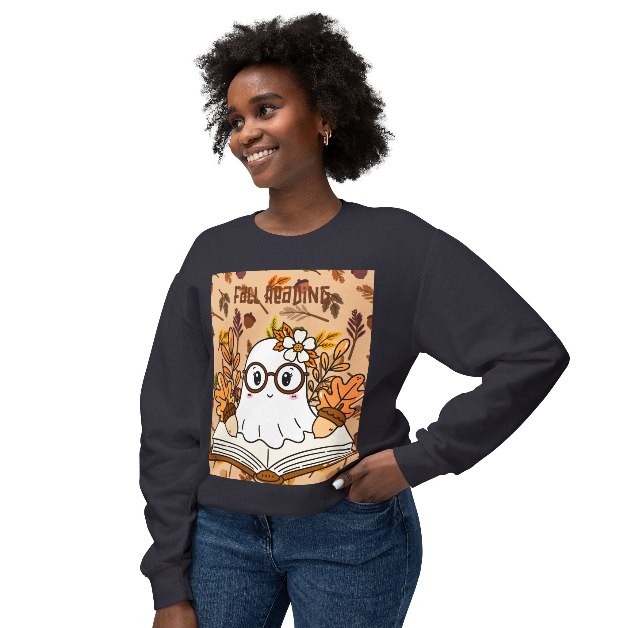 Cozy Fall Ghost Sweatshirt, Cute Halloween Apparel, Unisex Lightweight Crewneck, Autumn Fashion, Book Lovers Gift, Ghost Reading Sweatshirt
