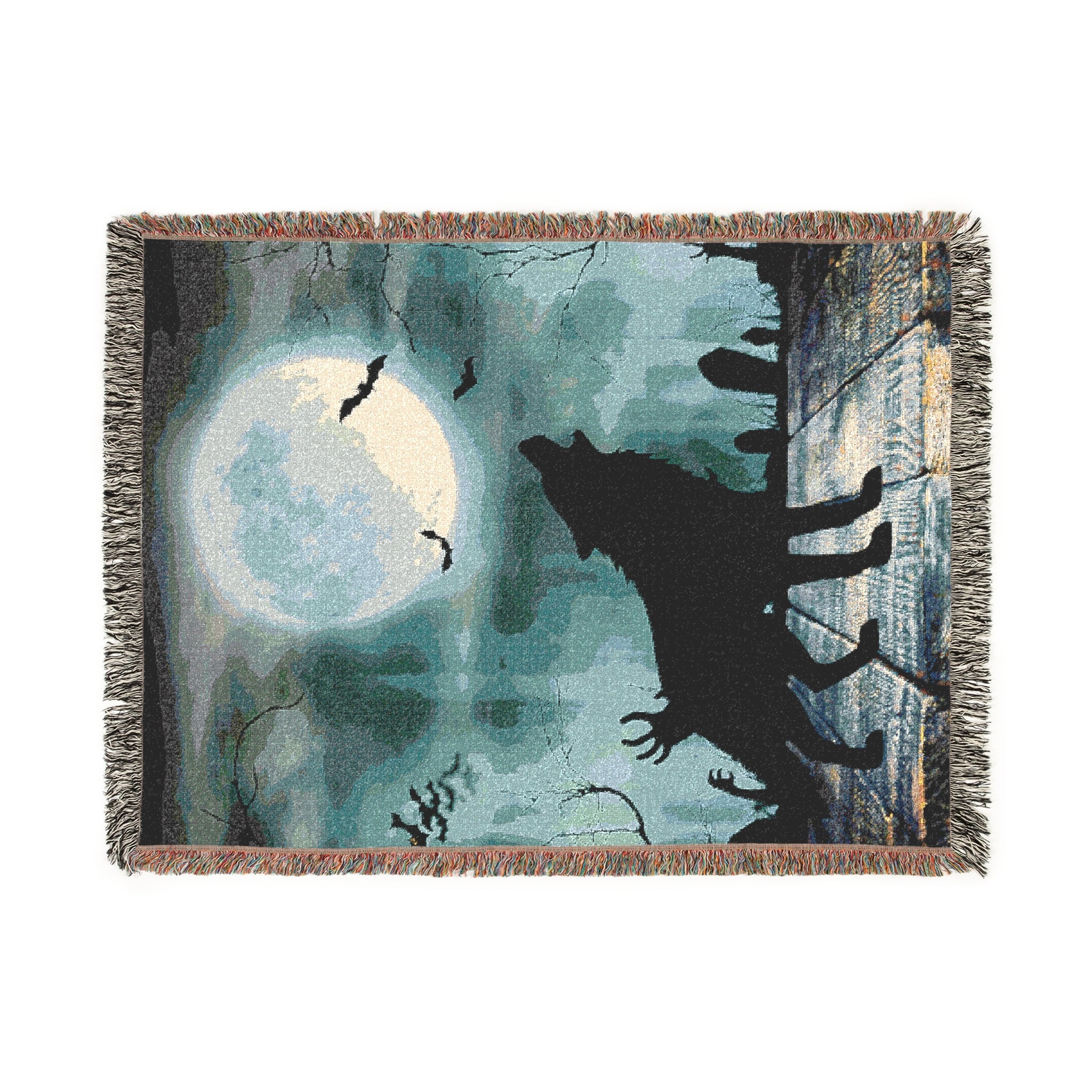 Wolf Howling at Moon Halloween Woven Blanket
