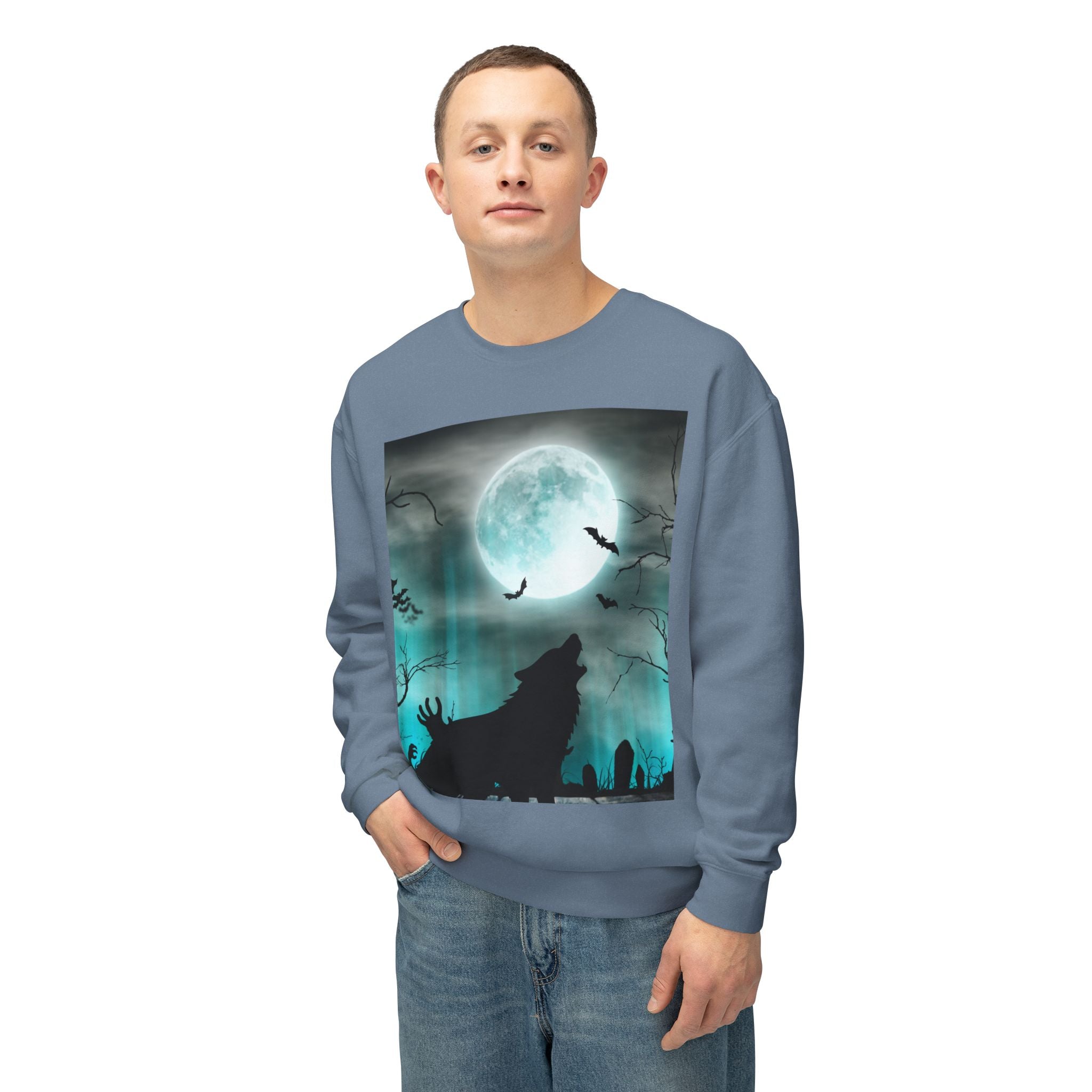 Howling Wolf Moonlight Crewneck Sweatshirt, Unisex Cozy Top, Halloween Apparel, Night Sky Fashion, Gift for Animal Lovers