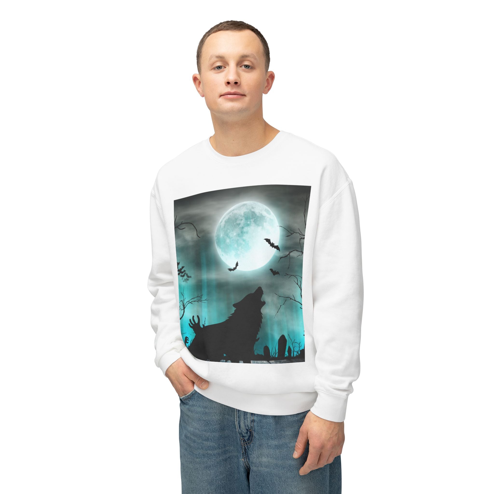 Howling Wolf Moonlight Crewneck Sweatshirt, Unisex Cozy Top, Halloween Apparel, Night Sky Fashion, Gift for Animal Lovers