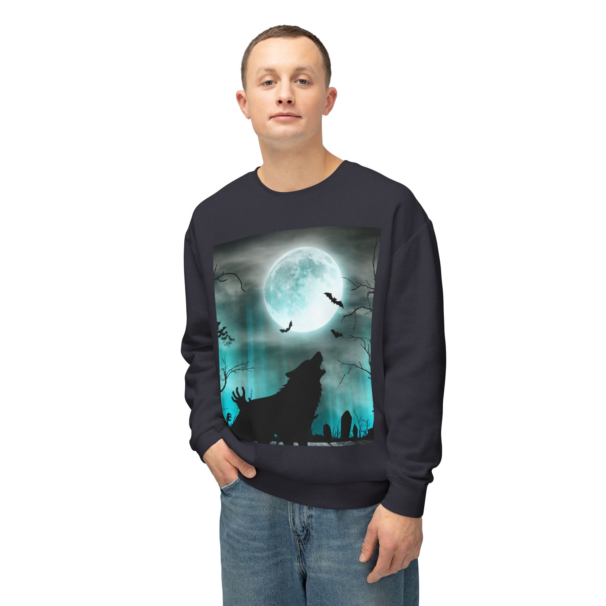Howling Wolf Moonlight Crewneck Sweatshirt, Unisex Cozy Top, Halloween Apparel, Night Sky Fashion, Gift for Animal Lovers