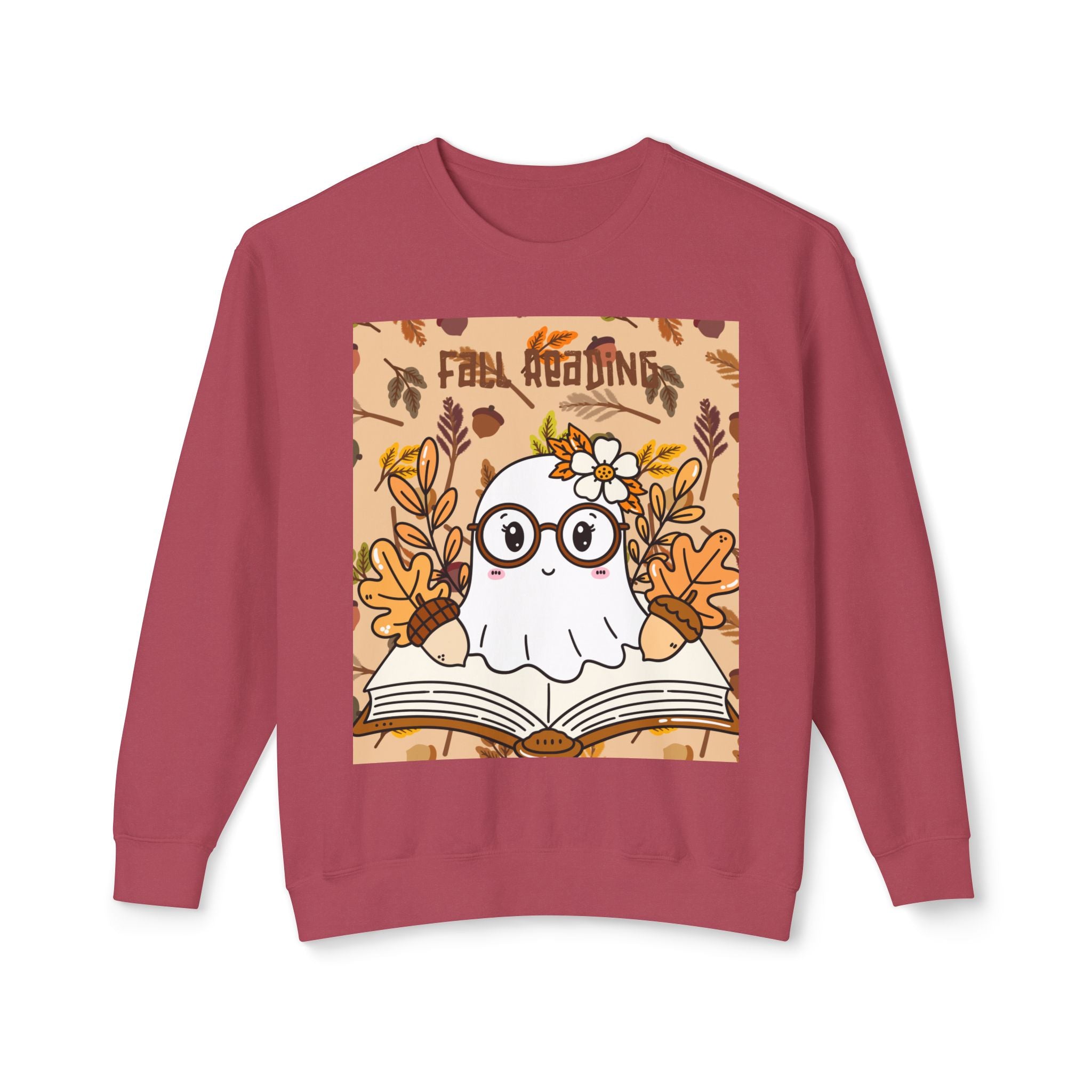 Cozy Fall Ghost Sweatshirt, Cute Halloween Apparel, Unisex Lightweight Crewneck, Autumn Fashion, Book Lovers Gift, Ghost Reading Sweatshirt