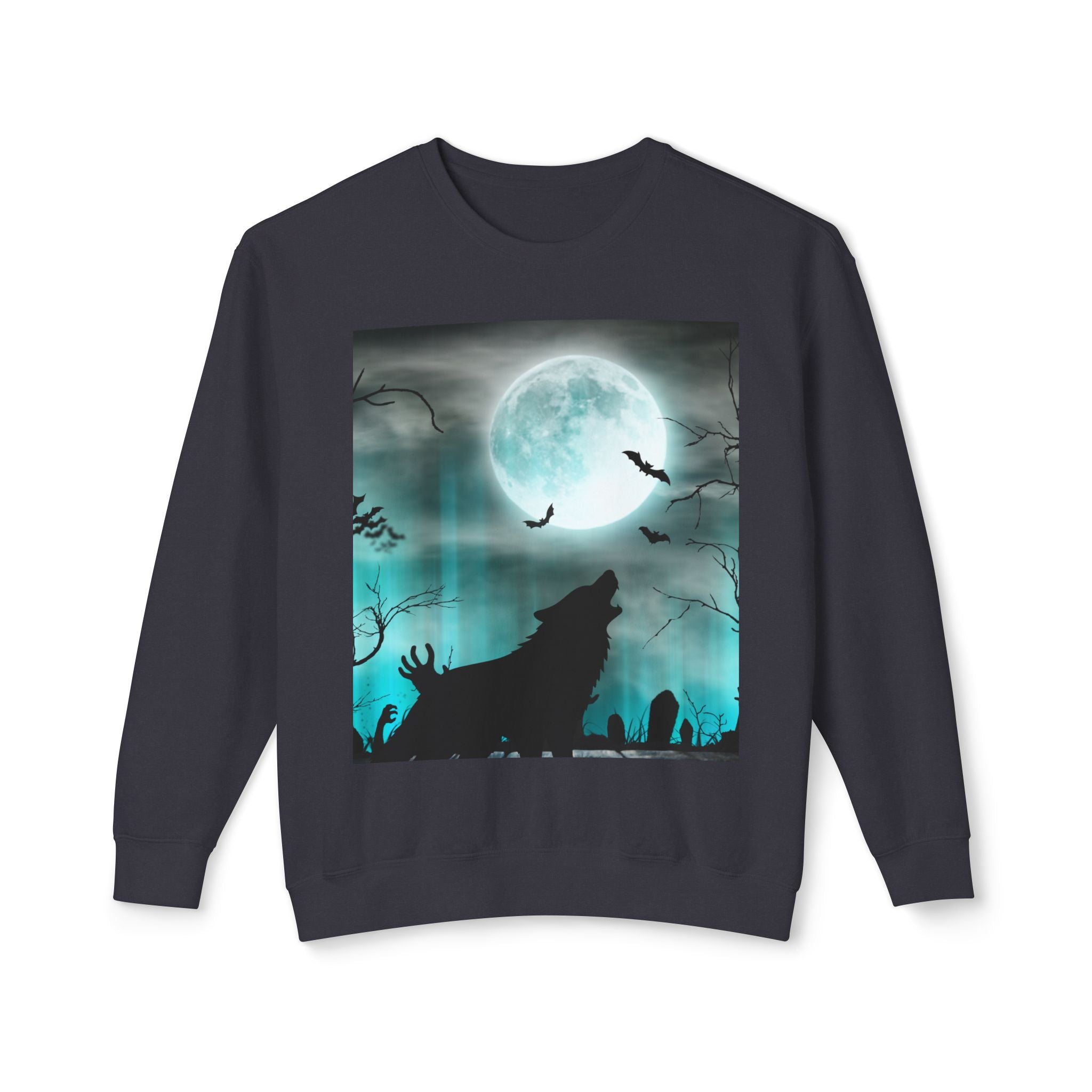 Howling Wolf Moonlight Crewneck Sweatshirt, Unisex Cozy Top, Halloween Apparel, Night Sky Fashion, Gift for Animal Lovers