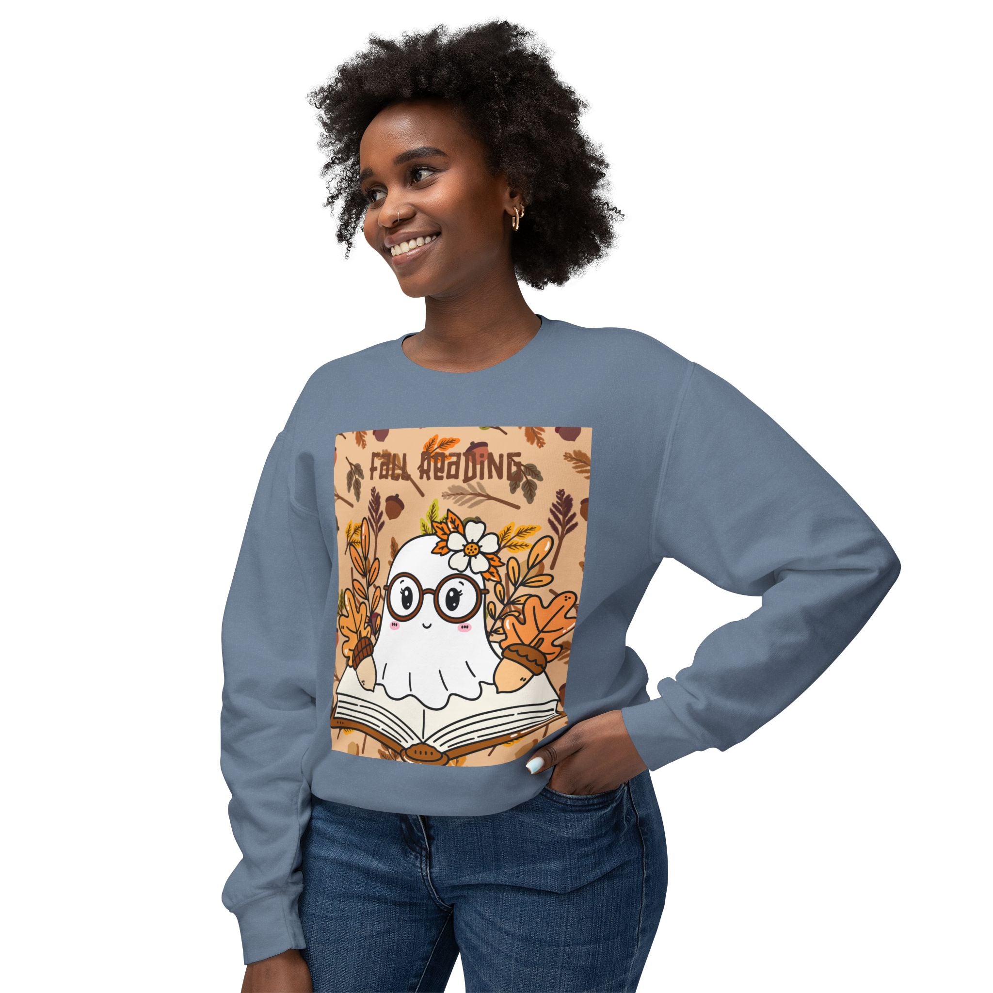 Cozy Fall Ghost Sweatshirt, Cute Halloween Apparel, Unisex Lightweight Crewneck, Autumn Fashion, Book Lovers Gift, Ghost Reading Sweatshirt