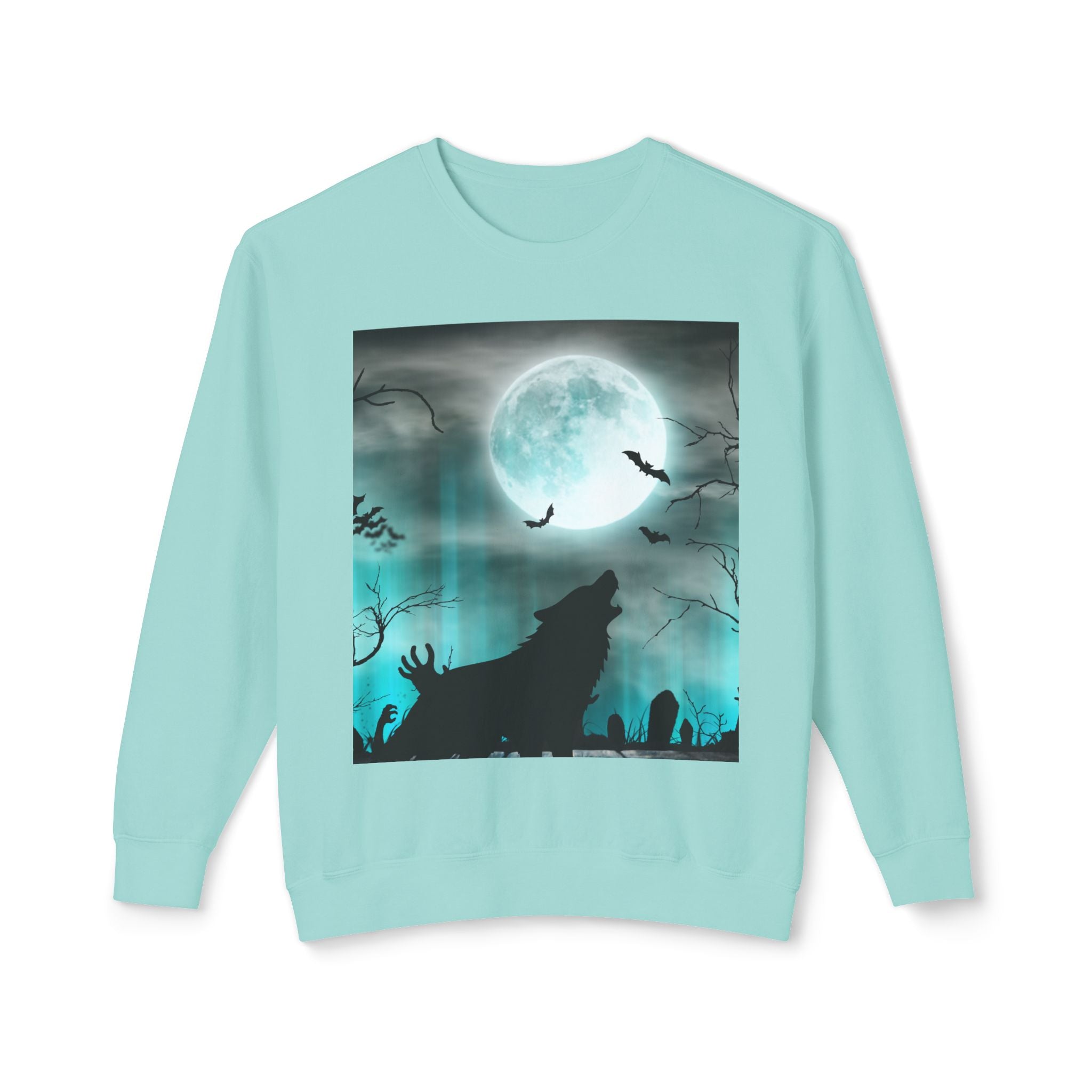 Howling Wolf Moonlight Crewneck Sweatshirt, Unisex Cozy Top, Halloween Apparel, Night Sky Fashion, Gift for Animal Lovers