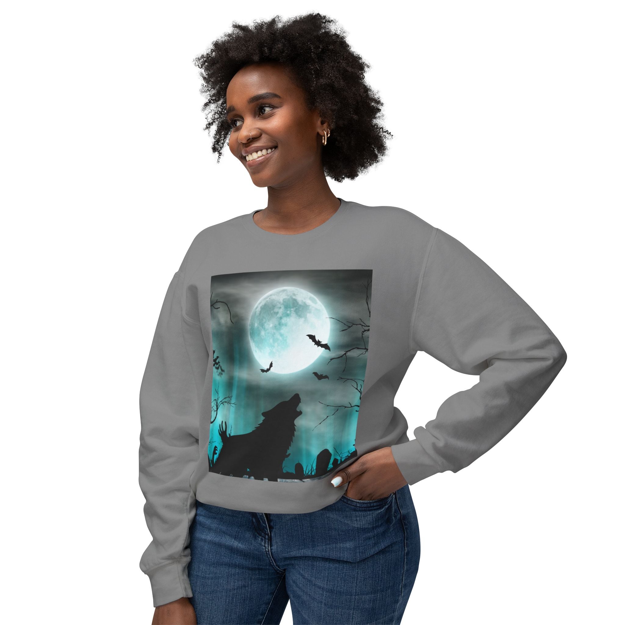 Howling Wolf Moonlight Crewneck Sweatshirt, Unisex Cozy Top, Halloween Apparel, Night Sky Fashion, Gift for Animal Lovers
