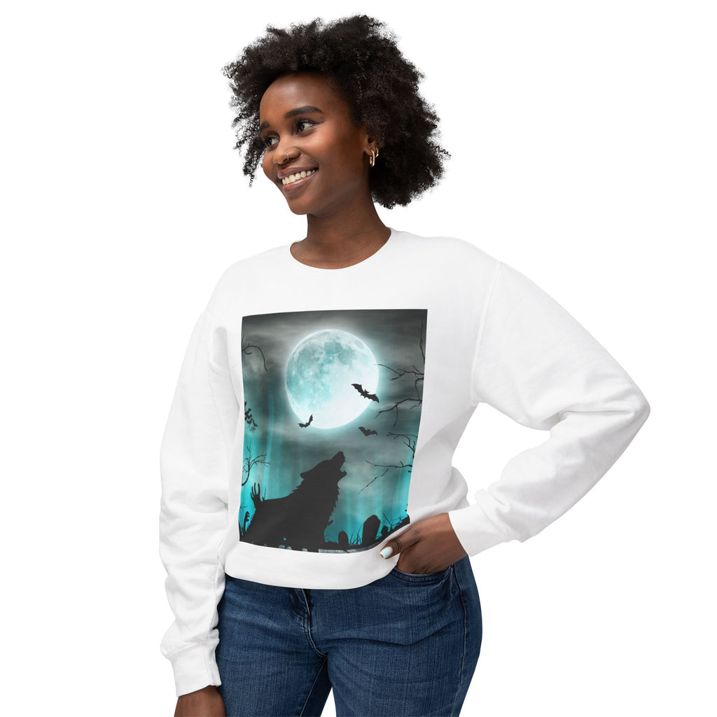 Howling Wolf Moonlight Crewneck Sweatshirt, Unisex Cozy Top, Halloween Apparel, Night Sky Fashion, Gift for Animal Lovers