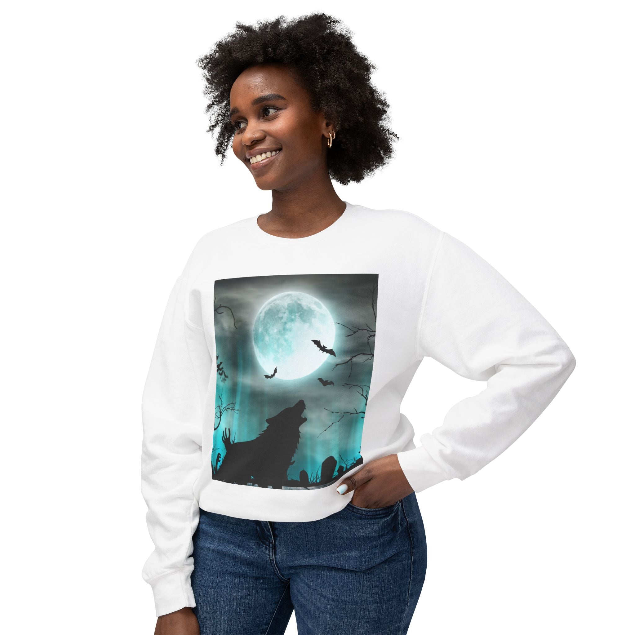 Howling Wolf Moonlight Crewneck Sweatshirt, Unisex Cozy Top, Halloween Apparel, Night Sky Fashion, Gift for Animal Lovers