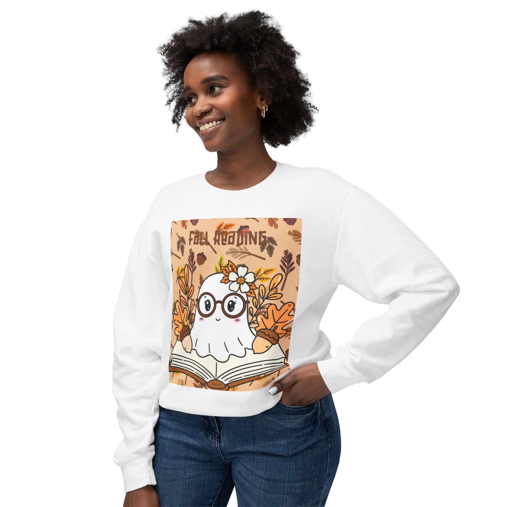 Cozy Fall Ghost Sweatshirt, Cute Halloween Apparel, Unisex Lightweight Crewneck, Autumn Fashion, Book Lovers Gift, Ghost Reading Sweatshirt