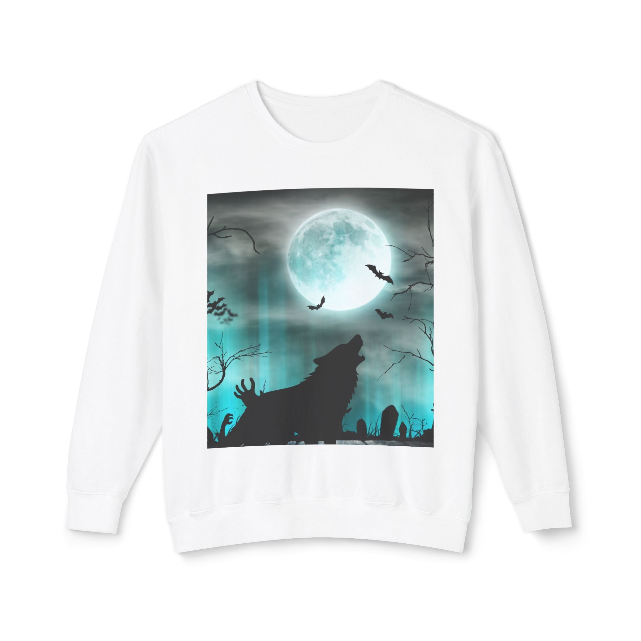 Howling Wolf Moonlight Crewneck Sweatshirt, Unisex Cozy Top, Halloween Apparel, Night Sky Fashion, Gift for Animal Lovers