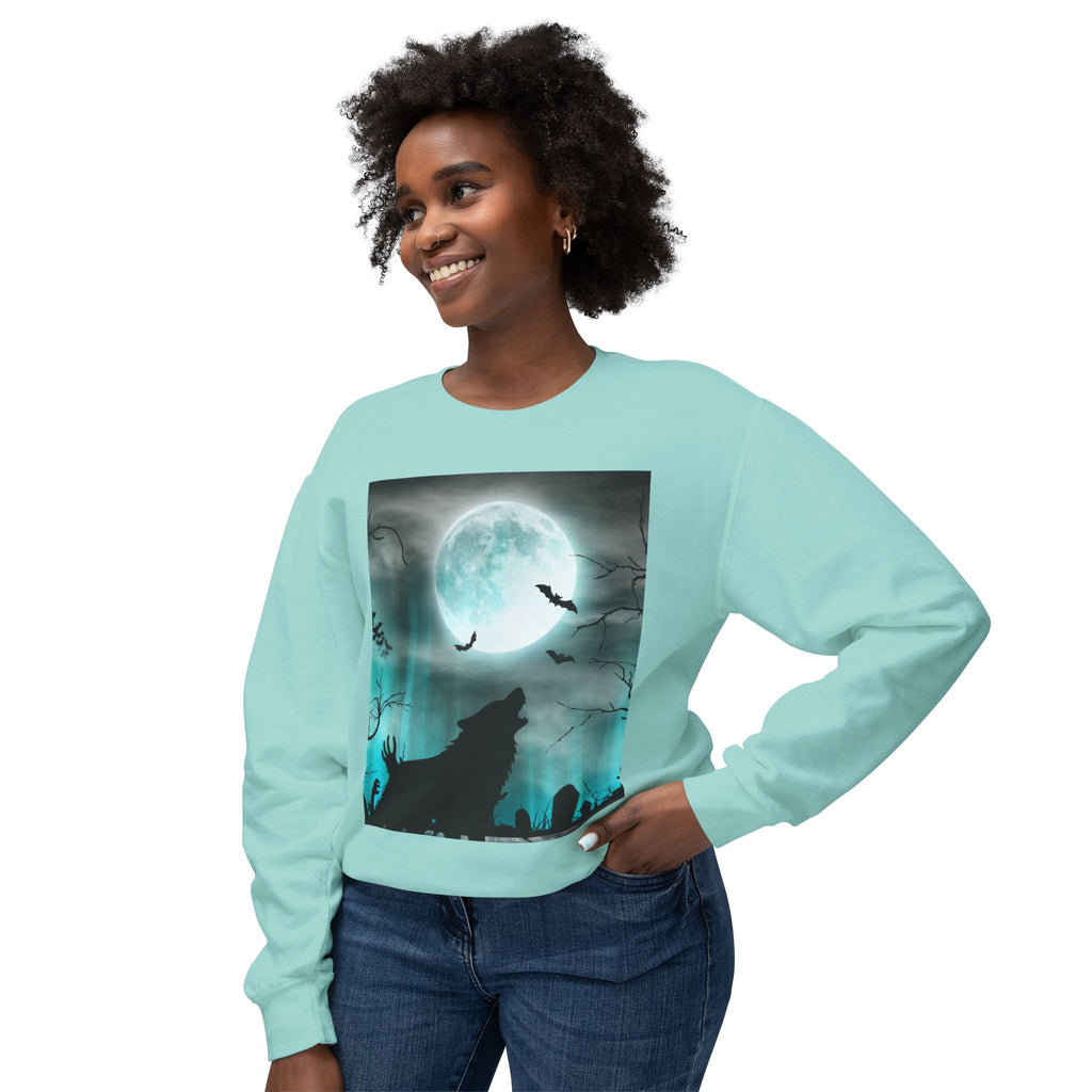 Howling Wolf Moonlight Crewneck Sweatshirt, Unisex Cozy Top, Halloween Apparel, Night Sky Fashion, Gift for Animal Lovers