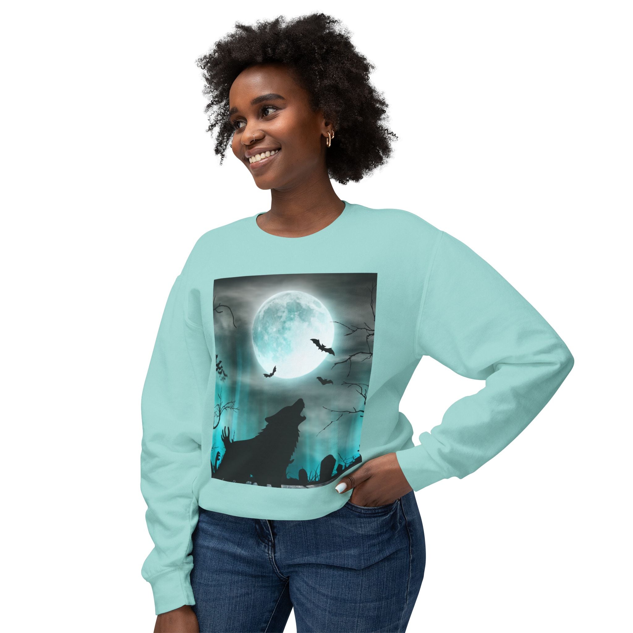 Howling Wolf Moonlight Crewneck Sweatshirt, Unisex Cozy Top, Halloween Apparel, Night Sky Fashion, Gift for Animal Lovers