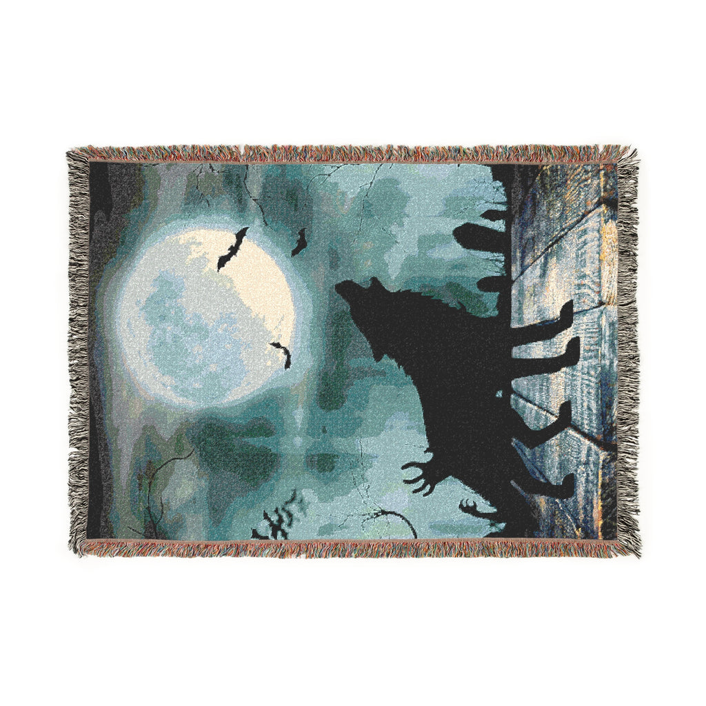 Wolf Howling at Moon Halloween Woven Blanket