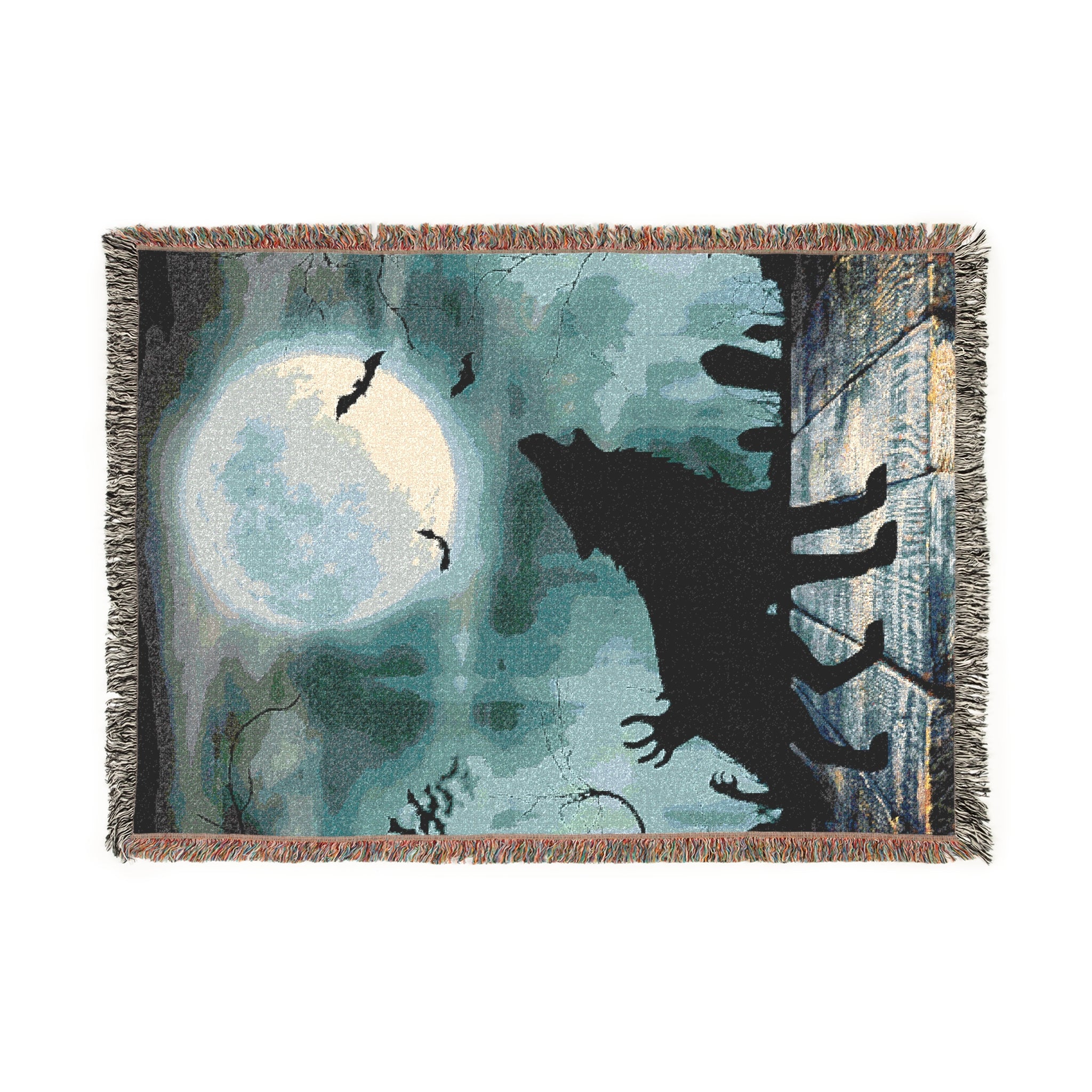 Wolf Howling at Moon Halloween Woven Blanket