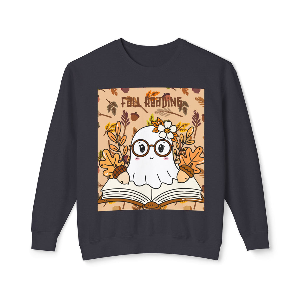 Cozy Fall Ghost Sweatshirt, Cute Halloween Apparel, Unisex Lightweight Crewneck, Autumn Fashion, Book Lovers Gift, Ghost Reading Sweatshirt