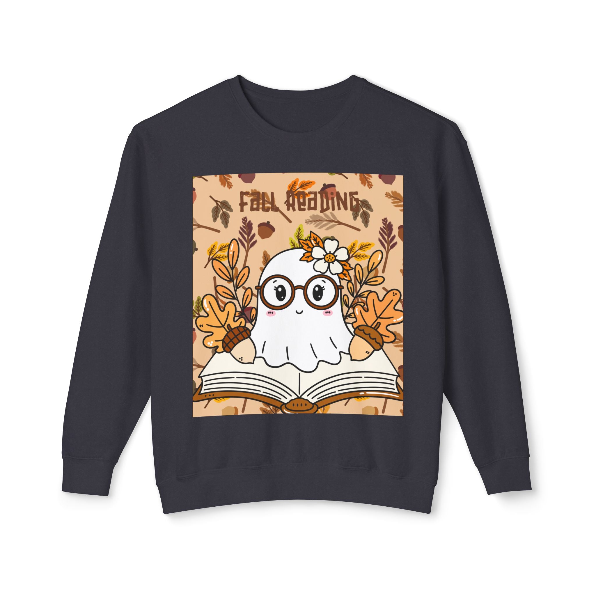 Cozy Fall Ghost Sweatshirt, Cute Halloween Apparel, Unisex Lightweight Crewneck, Autumn Fashion, Book Lovers Gift, Ghost Reading Sweatshirt