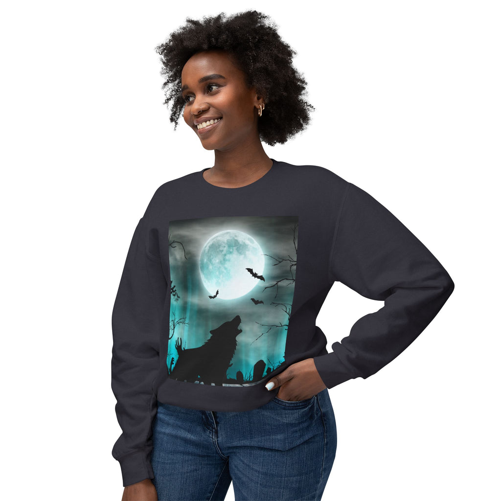 Howling Wolf Moonlight Crewneck Sweatshirt, Unisex Cozy Top, Halloween Apparel, Night Sky Fashion, Gift for Animal Lovers