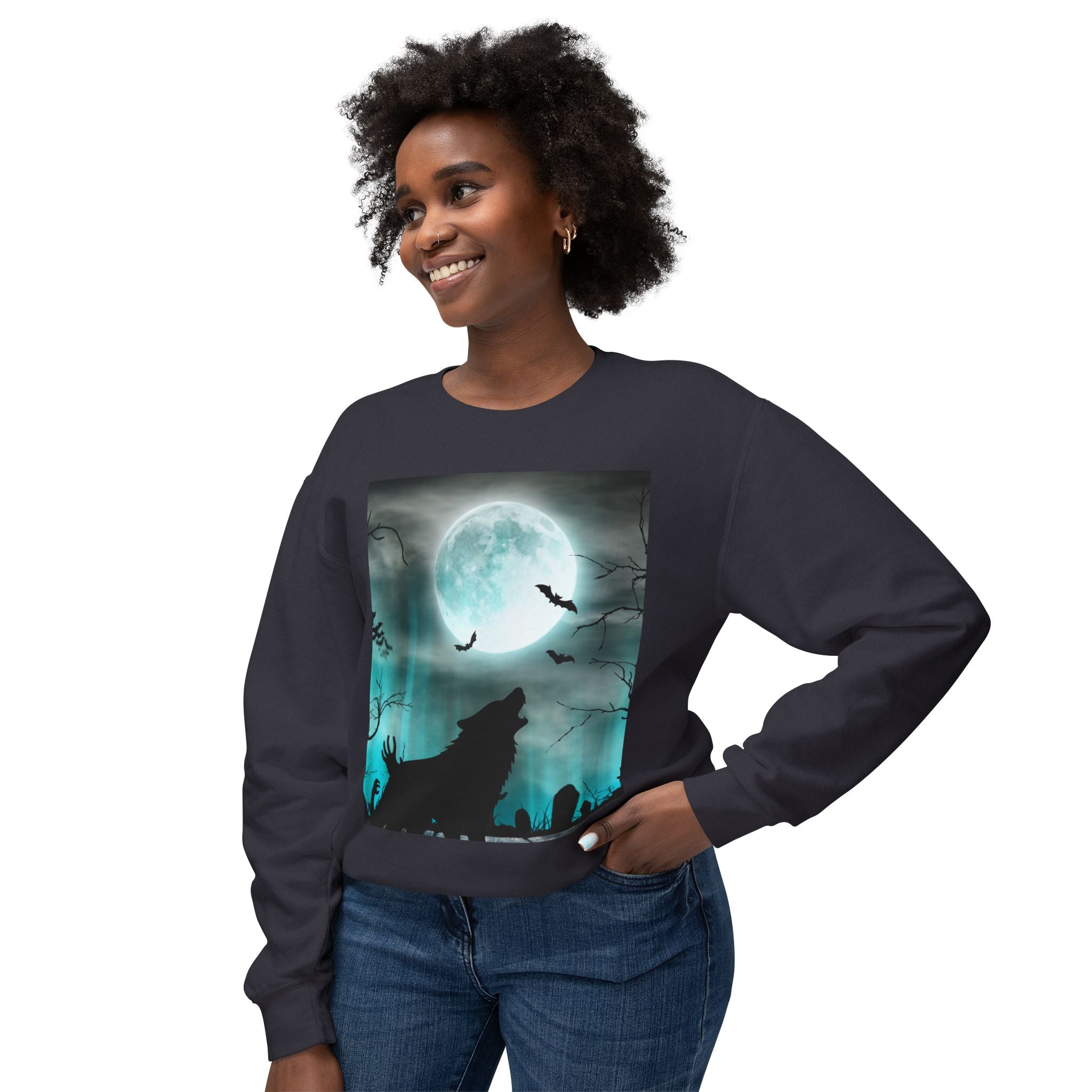 Howling Wolf Moonlight Crewneck Sweatshirt, Unisex Cozy Top, Halloween Apparel, Night Sky Fashion, Gift for Animal Lovers