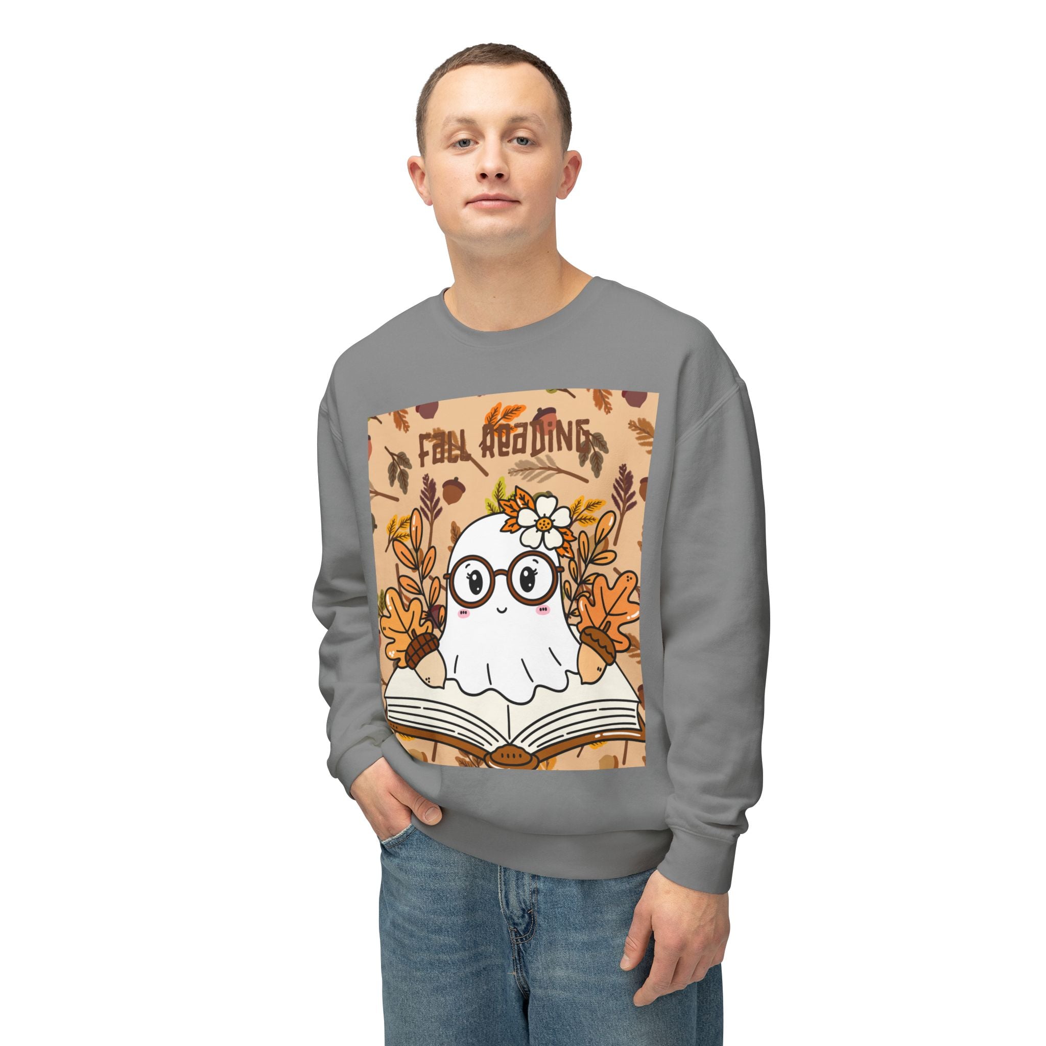 Cozy Fall Ghost Sweatshirt, Cute Halloween Apparel, Unisex Lightweight Crewneck, Autumn Fashion, Book Lovers Gift, Ghost Reading Sweatshirt