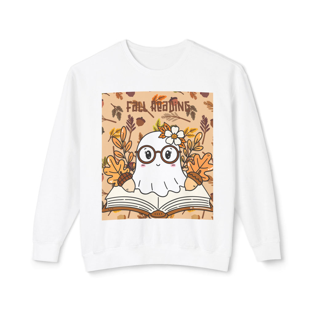 Cozy Fall Ghost Sweatshirt, Cute Halloween Apparel, Unisex Lightweight Crewneck, Autumn Fashion, Book Lovers Gift, Ghost Reading Sweatshirt