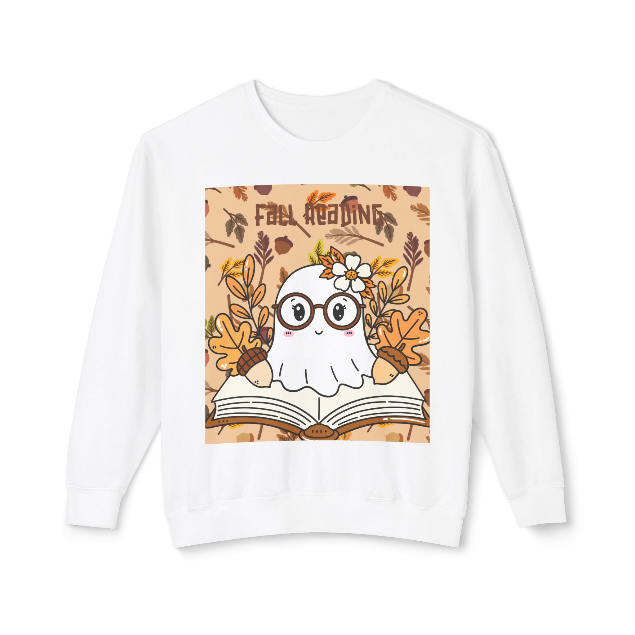 Cozy Fall Ghost Sweatshirt, Cute Halloween Apparel, Unisex Lightweight Crewneck, Autumn Fashion, Book Lovers Gift, Ghost Reading Sweatshirt