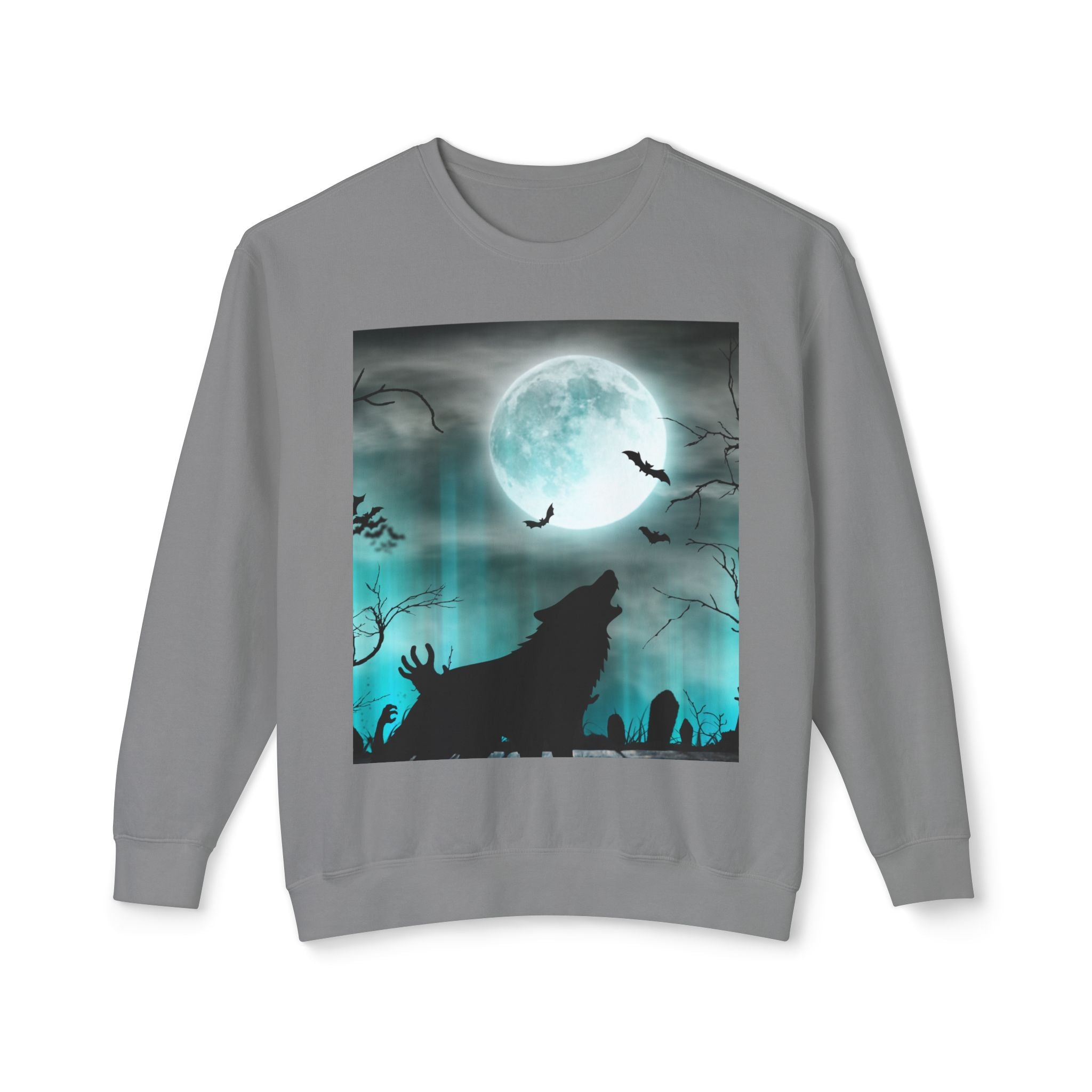 Howling Wolf Moonlight Crewneck Sweatshirt, Unisex Cozy Top, Halloween Apparel, Night Sky Fashion, Gift for Animal Lovers