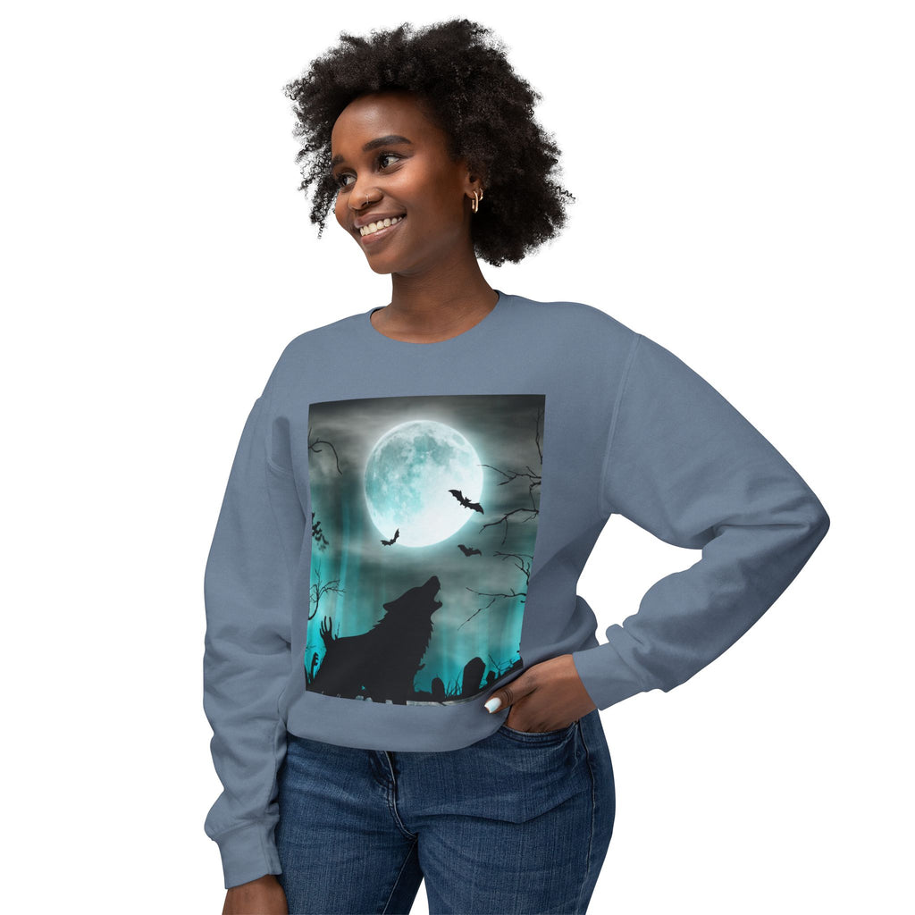 Howling Wolf Moonlight Crewneck Sweatshirt, Unisex Cozy Top, Halloween Apparel, Night Sky Fashion, Gift for Animal Lovers