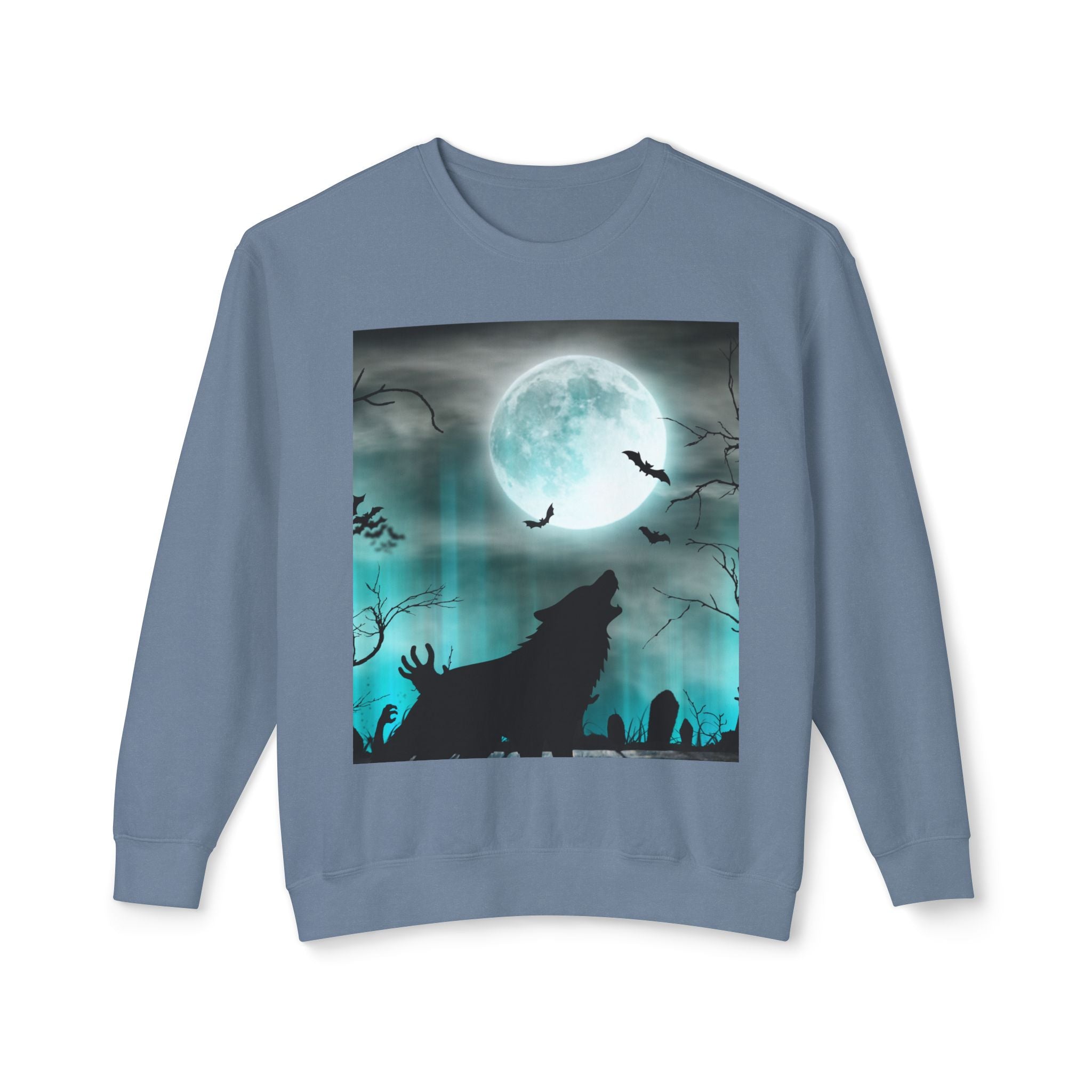 Howling Wolf Moonlight Crewneck Sweatshirt, Unisex Cozy Top, Halloween Apparel, Night Sky Fashion, Gift for Animal Lovers