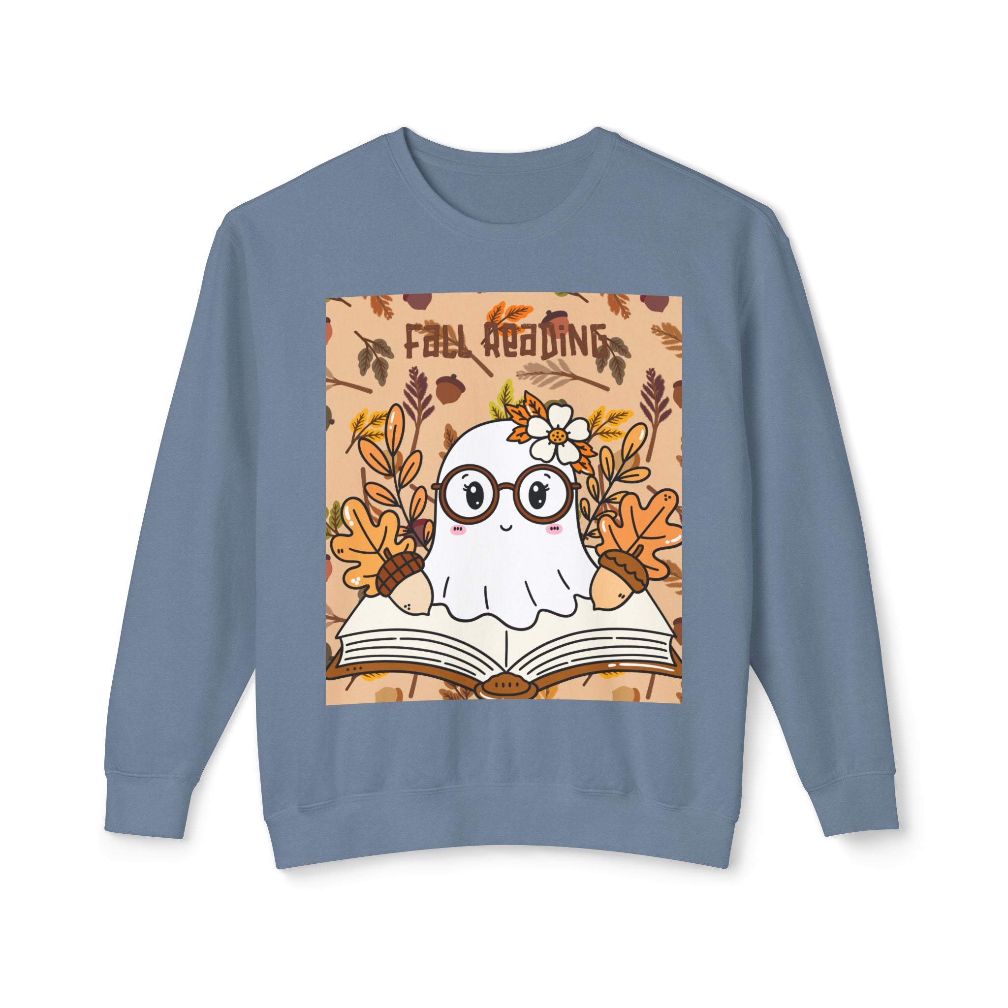 Cozy Fall Ghost Sweatshirt, Cute Halloween Apparel, Unisex Lightweight Crewneck, Autumn Fashion, Book Lovers Gift, Ghost Reading Sweatshirt