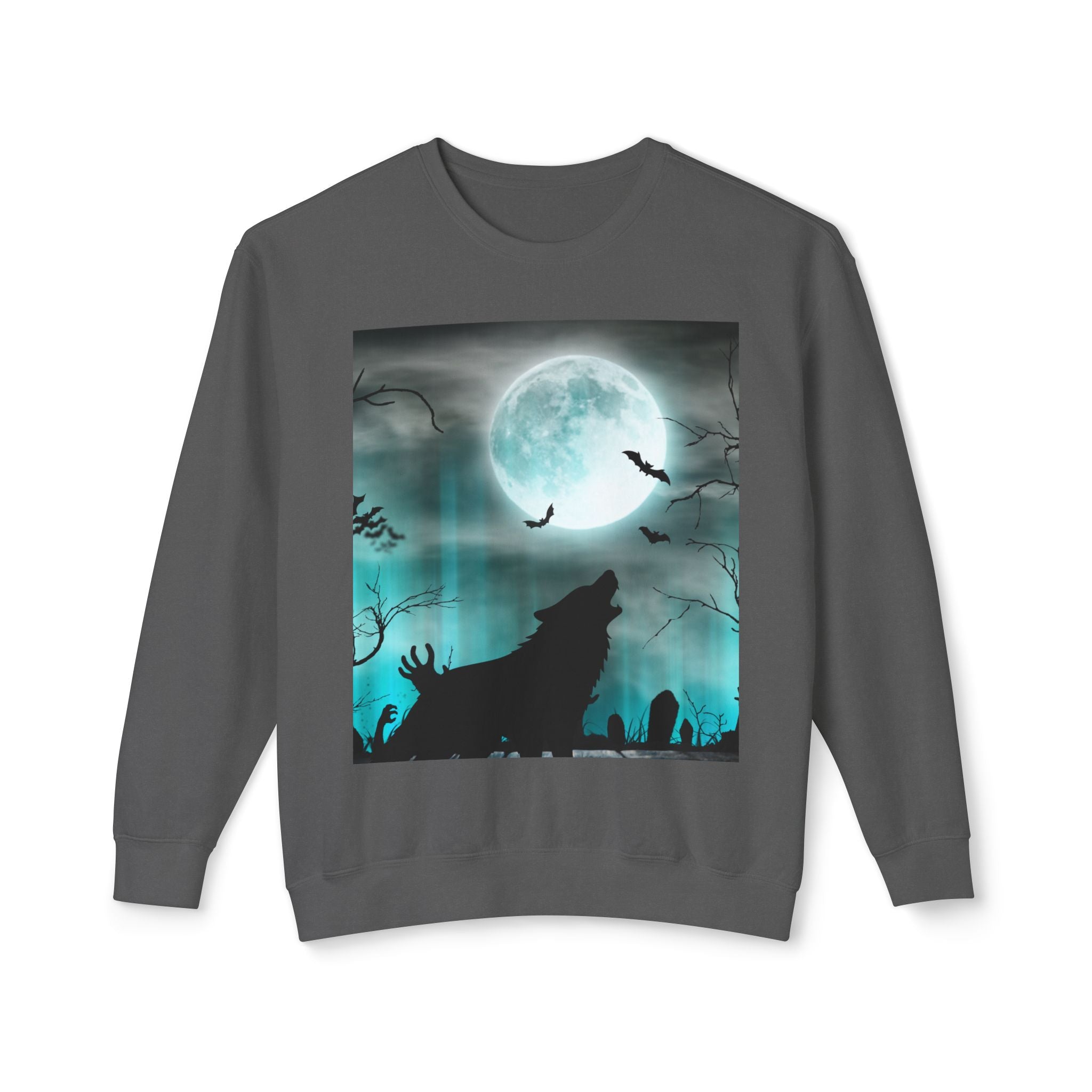 Howling Wolf Moonlight Crewneck Sweatshirt, Unisex Cozy Top, Halloween Apparel, Night Sky Fashion, Gift for Animal Lovers