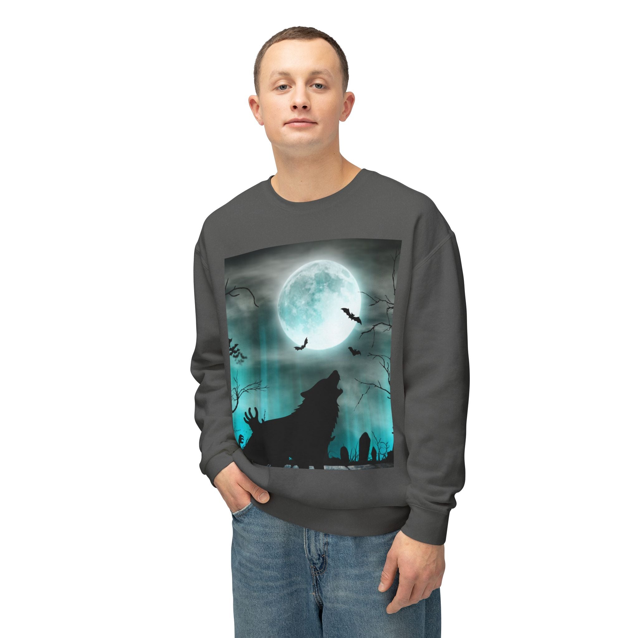 Howling Wolf Moonlight Crewneck Sweatshirt, Unisex Cozy Top, Halloween Apparel, Night Sky Fashion, Gift for Animal Lovers