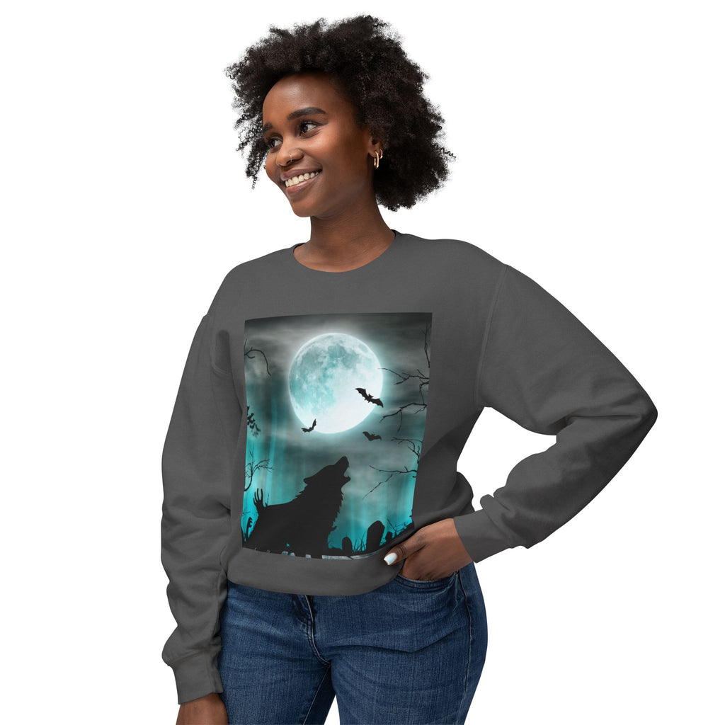 Howling Wolf Moonlight Crewneck Sweatshirt, Unisex Cozy Top, Halloween Apparel, Night Sky Fashion, Gift for Animal Lovers