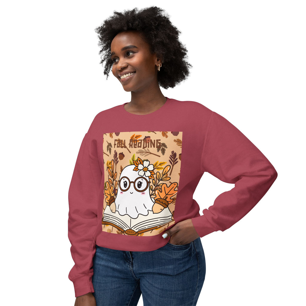 Cozy Fall Ghost Sweatshirt, Cute Halloween Apparel, Unisex Lightweight Crewneck, Autumn Fashion, Book Lovers Gift, Ghost Reading Sweatshirt