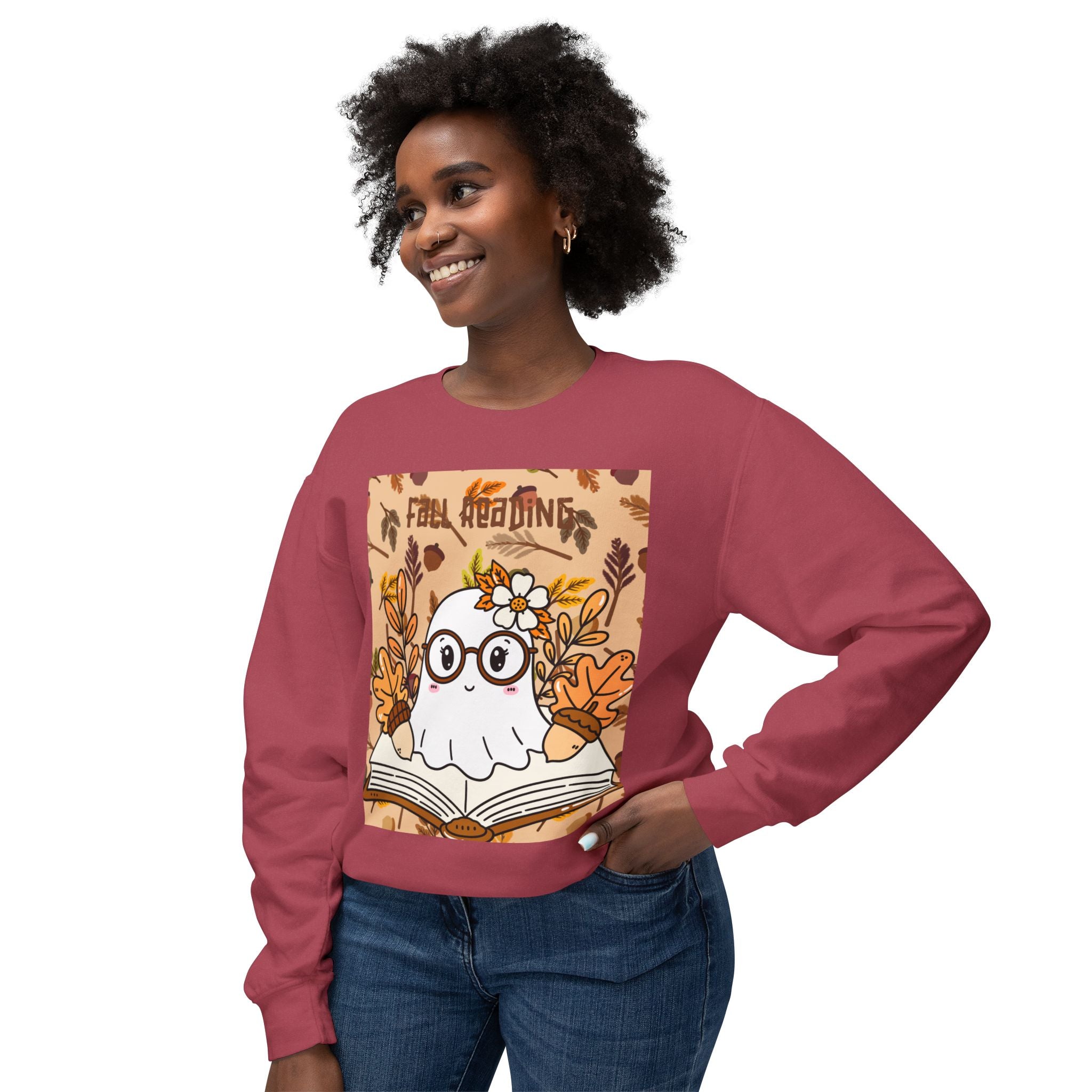 Cozy Fall Ghost Sweatshirt, Cute Halloween Apparel, Unisex Lightweight Crewneck, Autumn Fashion, Book Lovers Gift, Ghost Reading Sweatshirt