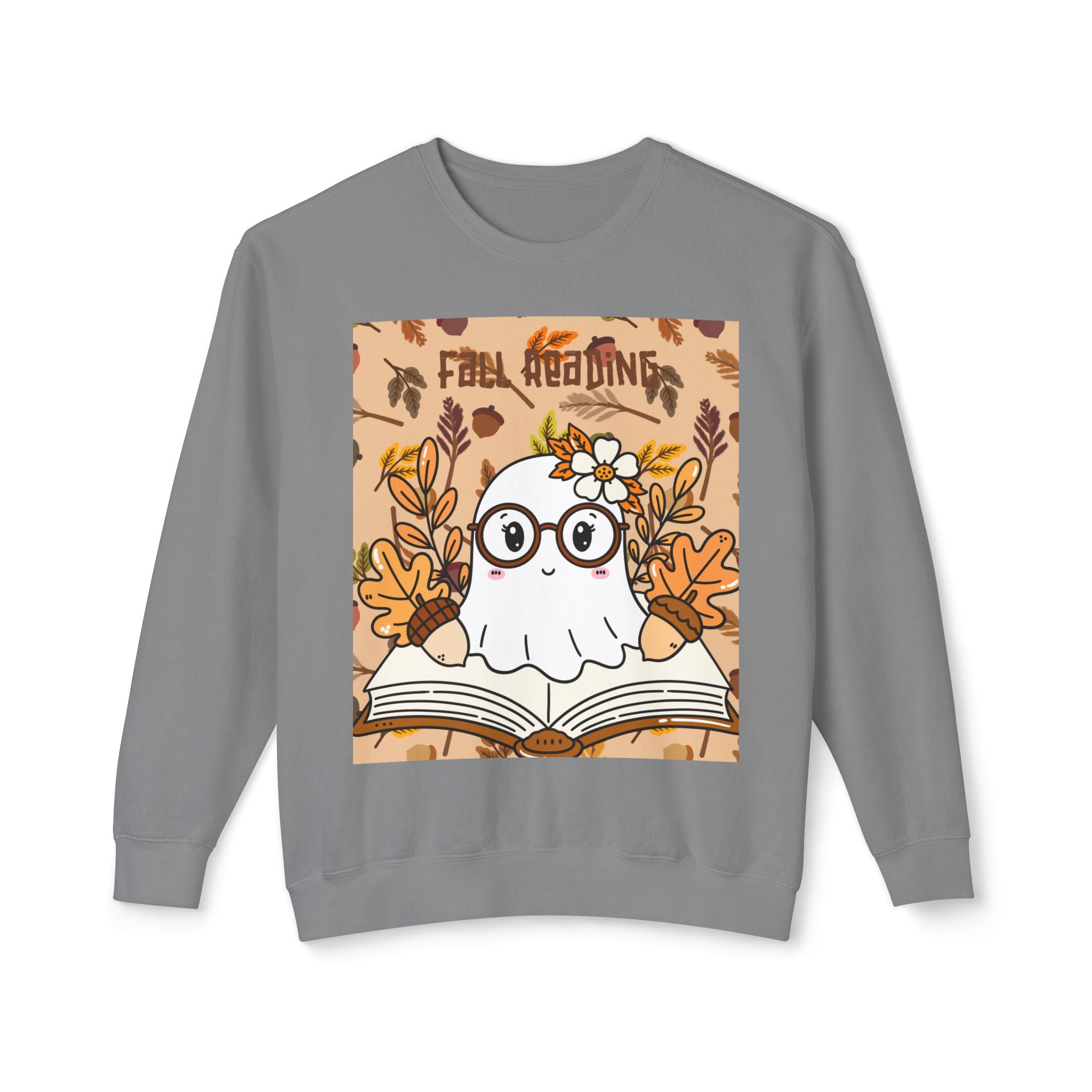 Cozy Fall Ghost Sweatshirt, Cute Halloween Apparel, Unisex Lightweight Crewneck, Autumn Fashion, Book Lovers Gift, Ghost Reading Sweatshirt